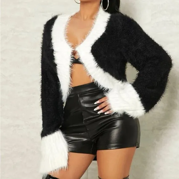 Soft Fuzzy Furry Color-block Cropped Cardigan Sweater