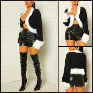 Soft Fuzzy Furry Color-block Cropped Cardigan Sweater
