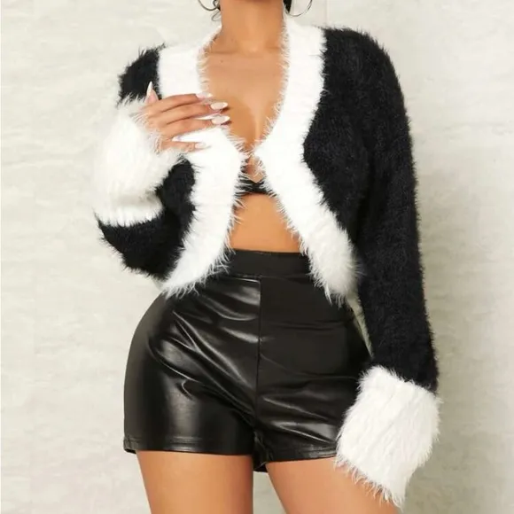 Soft Fuzzy Furry Color-block Cropped Cardigan Sweater