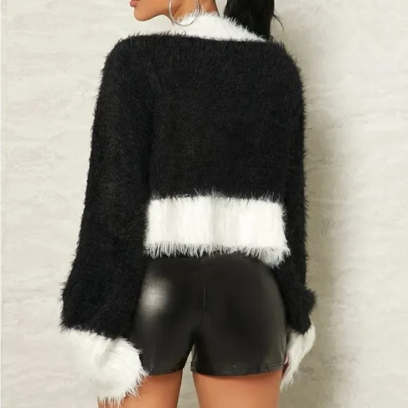 Soft Fuzzy Furry Color-block Cropped Cardigan Sweater