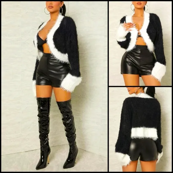 Soft Fuzzy Furry Color-block Cropped Cardigan Sweater