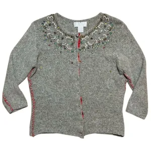 Soft Surroundings Beaded Accent Lambswool Angora Cardigan Sweater Tan/Gray Sz XS