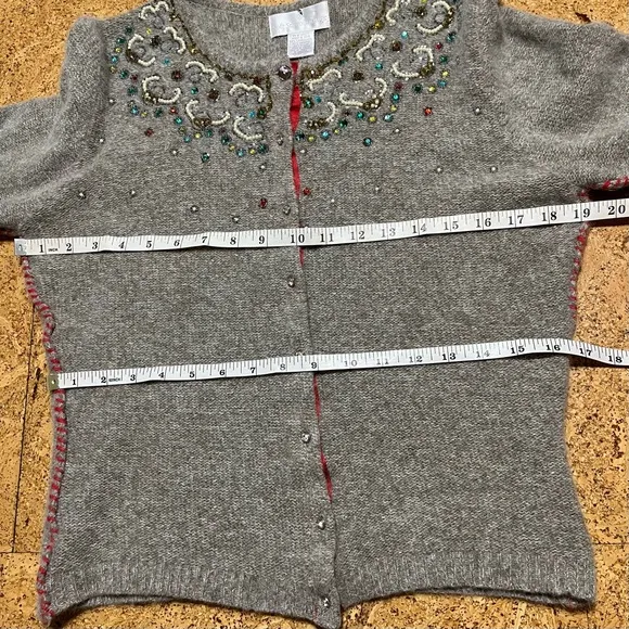 Soft Surroundings Beaded Accent Lambswool Angora Cardigan Sweater Tan/Gray Sz XS