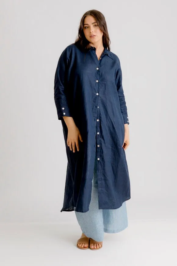 St Tropez Linen Shirt Dress - Indigo