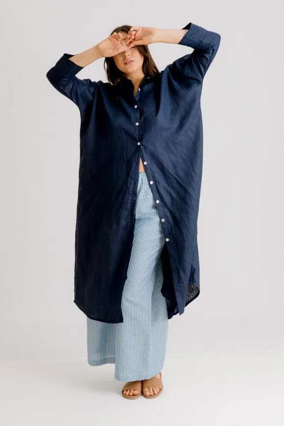 St Tropez Linen Shirt Dress - Indigo