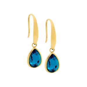 Stainless Steel Gold IP Plated Tear Drop Earrings With Blue Glass SE180BL-G