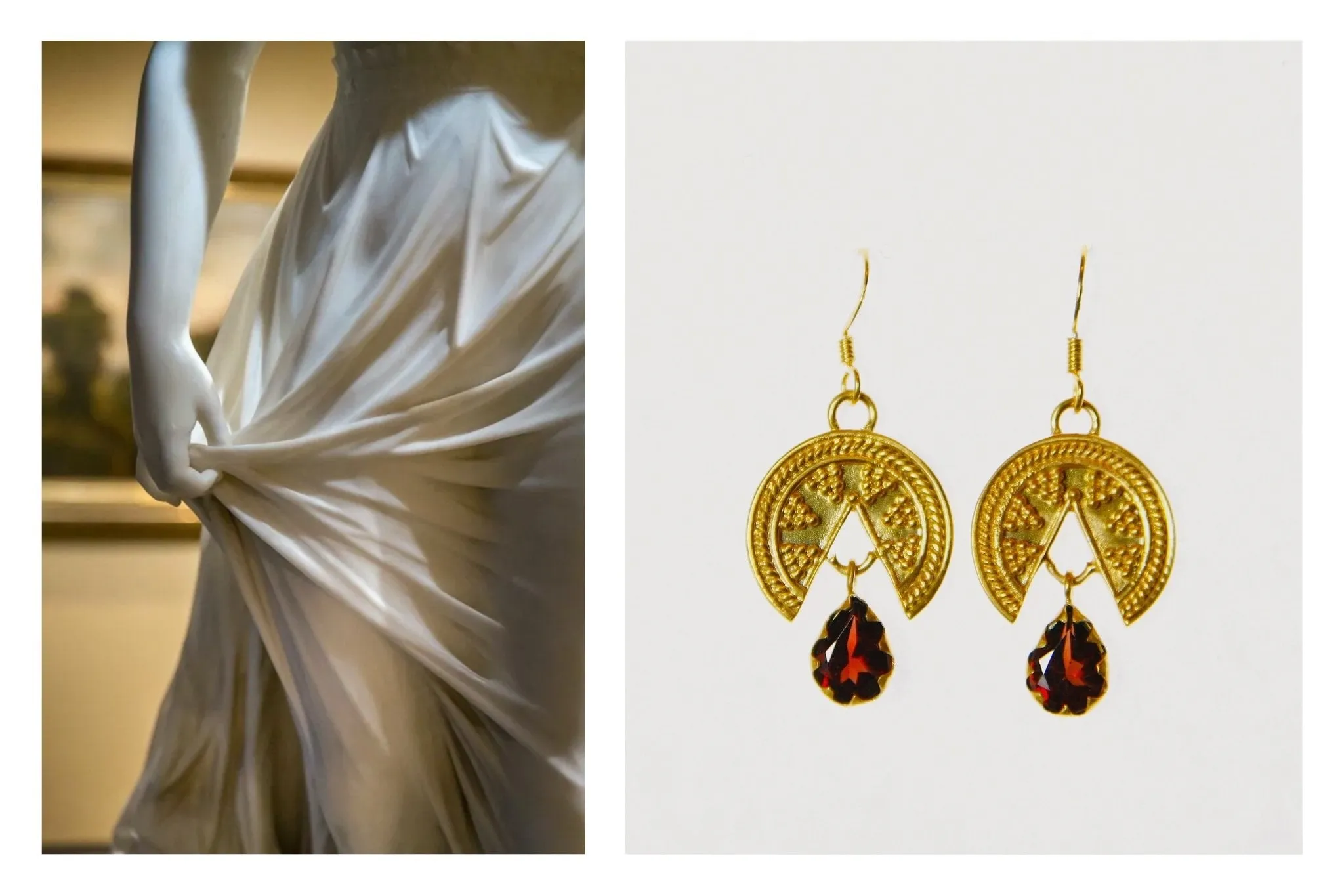 Stunning, granulation work, Grecian, gold-plated earrings with a garnet drop