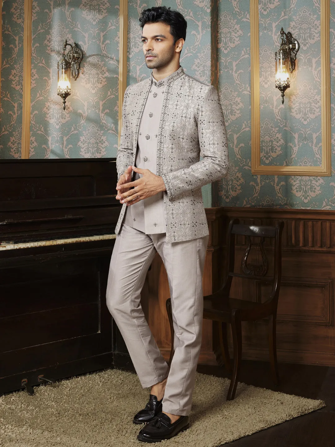 Stunningly Embroidered Grey Jodhpuri Set