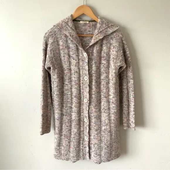 Sundance Long Confetti Cable Knit Hooded Button Front Long Cardigan
