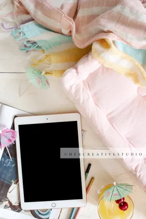 Tablet, Cocktail & Cushion. Digital Image