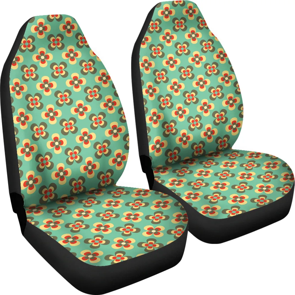 Teal With Green and Red Retro Flower Pattern Car Seat Covers