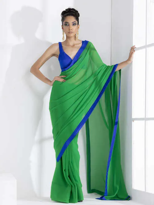 Tree Green Georgette Saree with Blue Posh Fabric Border & Blouse Fabric