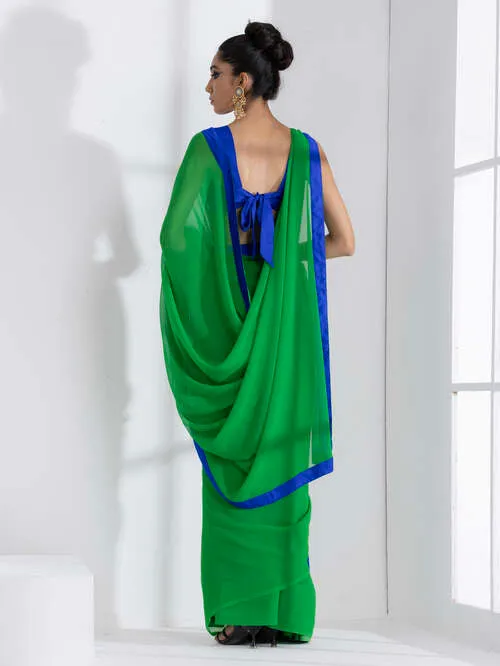 Tree Green Georgette Saree with Blue Posh Fabric Border & Blouse Fabric