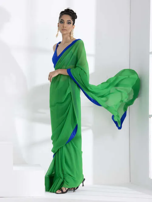 Tree Green Georgette Saree with Blue Posh Fabric Border & Blouse Fabric