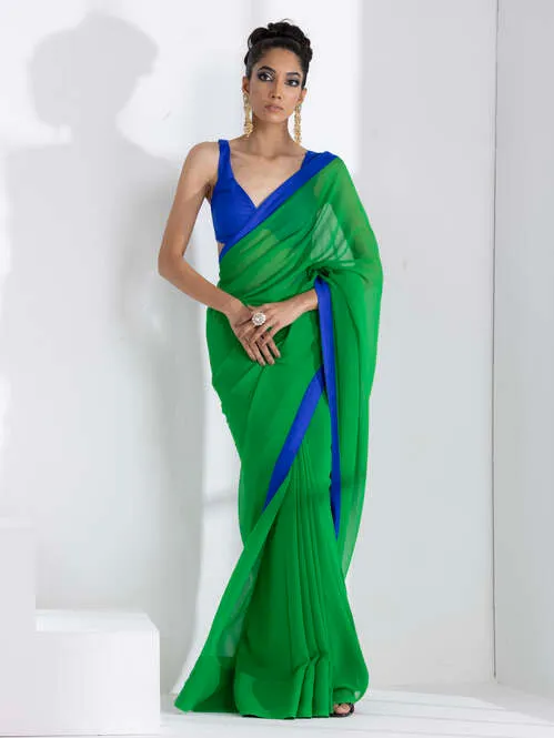 Tree Green Georgette Saree with Blue Posh Fabric Border & Blouse Fabric