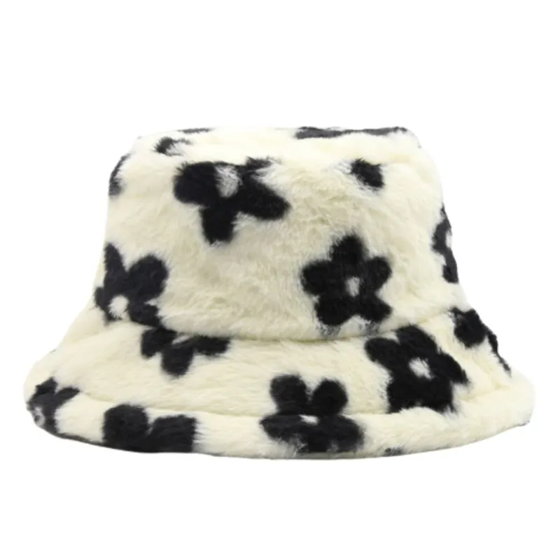 Unisex Floral Patterns Faux Fluffy Fur Bucket Hats