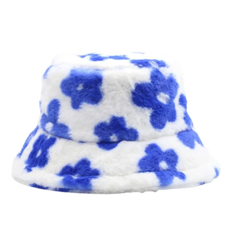 Unisex Floral Patterns Faux Fluffy Fur Bucket Hats