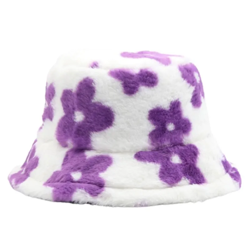 Unisex Floral Patterns Faux Fluffy Fur Bucket Hats