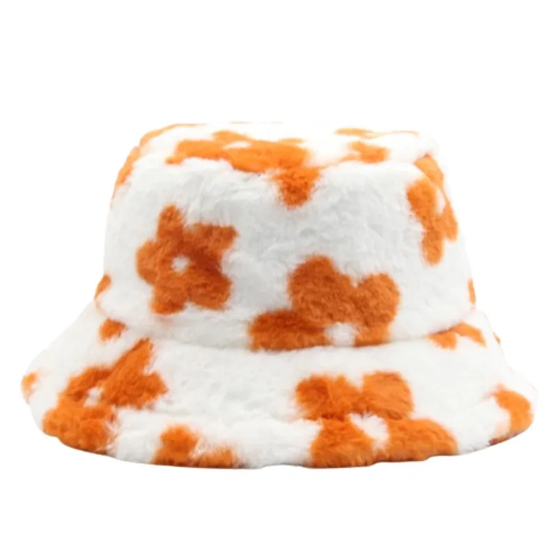 Unisex Floral Patterns Faux Fluffy Fur Bucket Hats