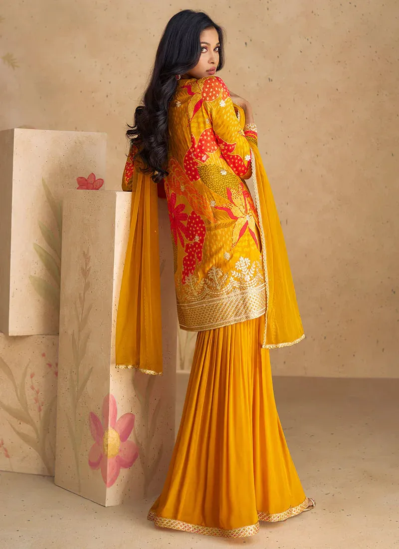 Vibrant Orange Multicolor Floral Sharara Style Suit