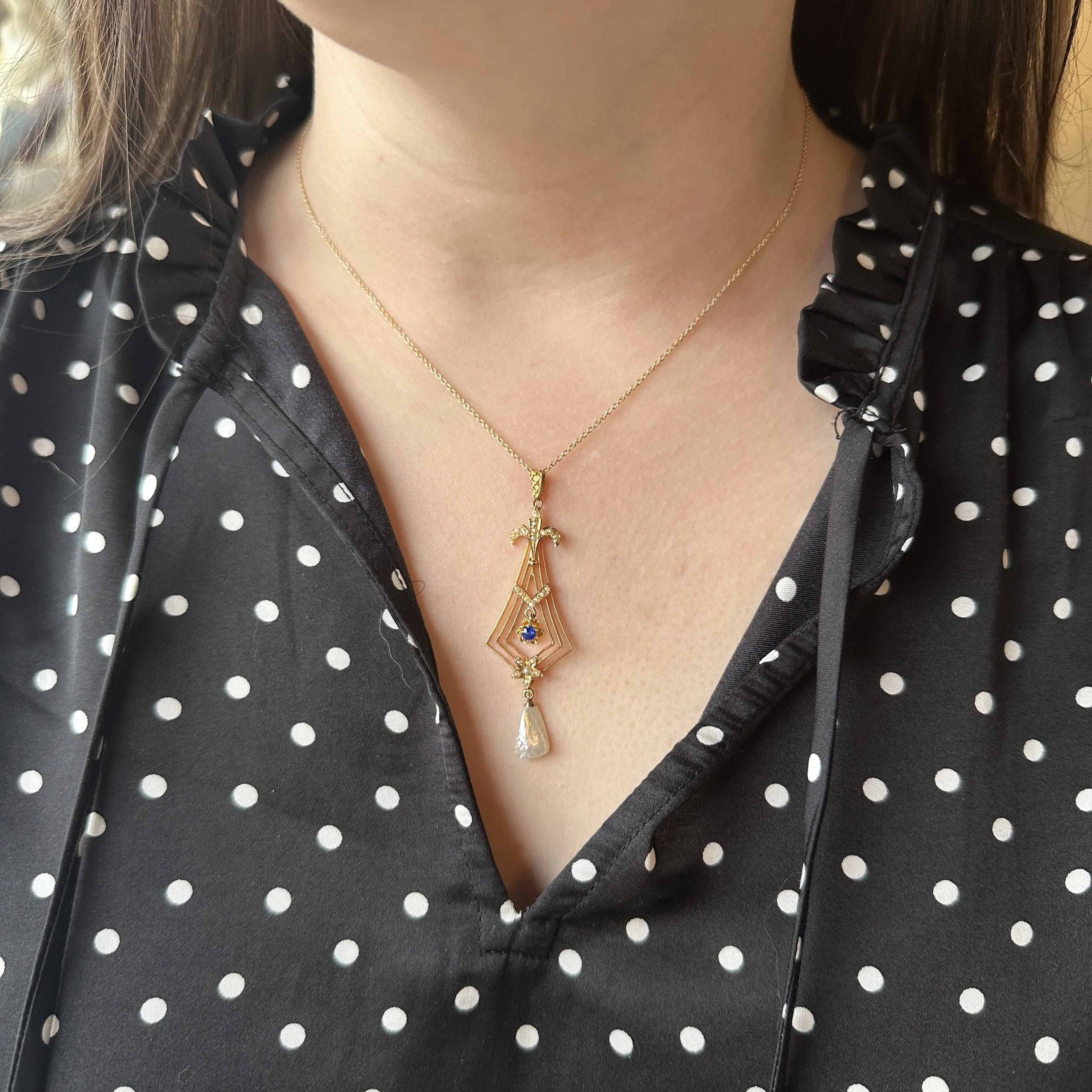 Victorian Synthetic Sapphire and Pearl Lavalier Pendant