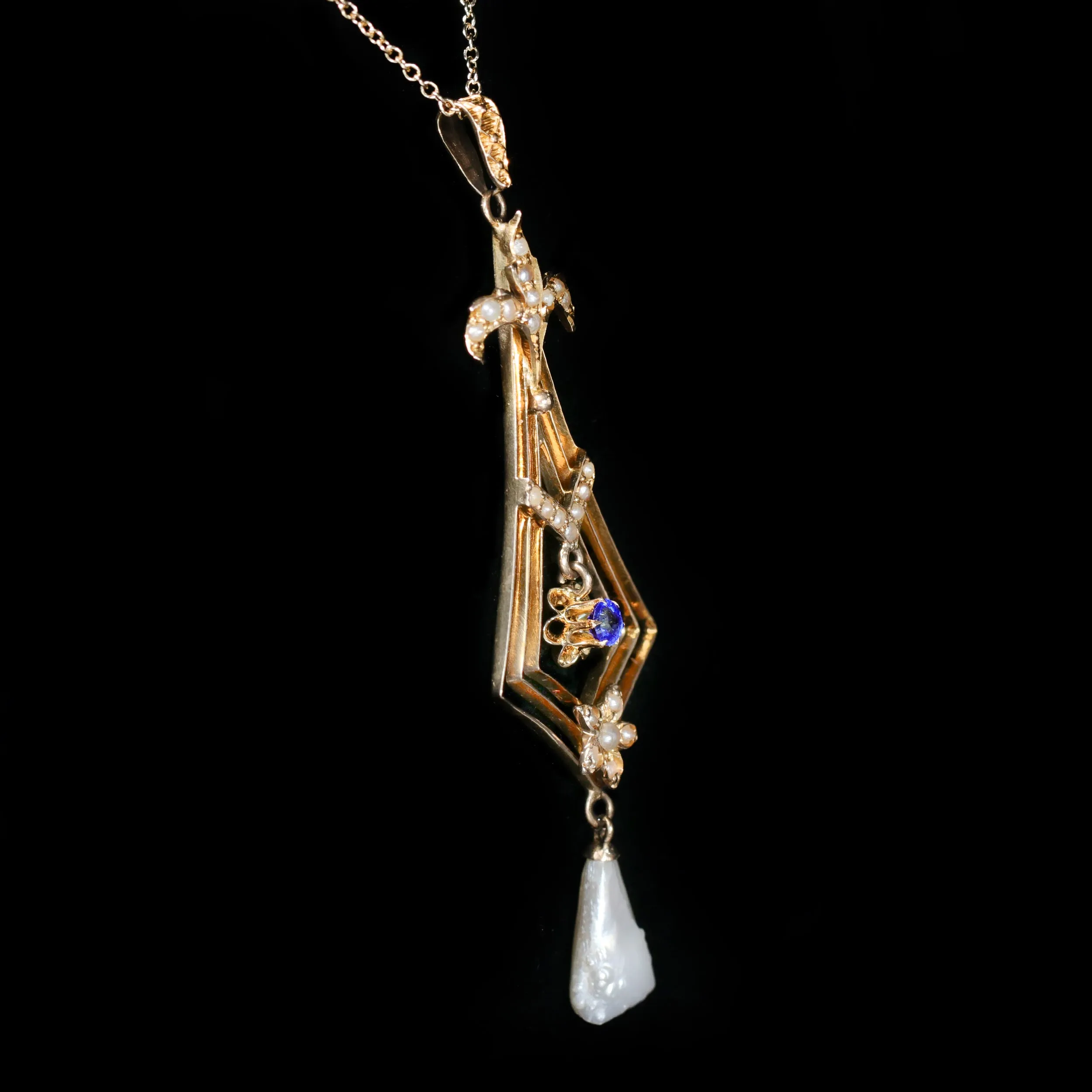Victorian Synthetic Sapphire and Pearl Lavalier Pendant