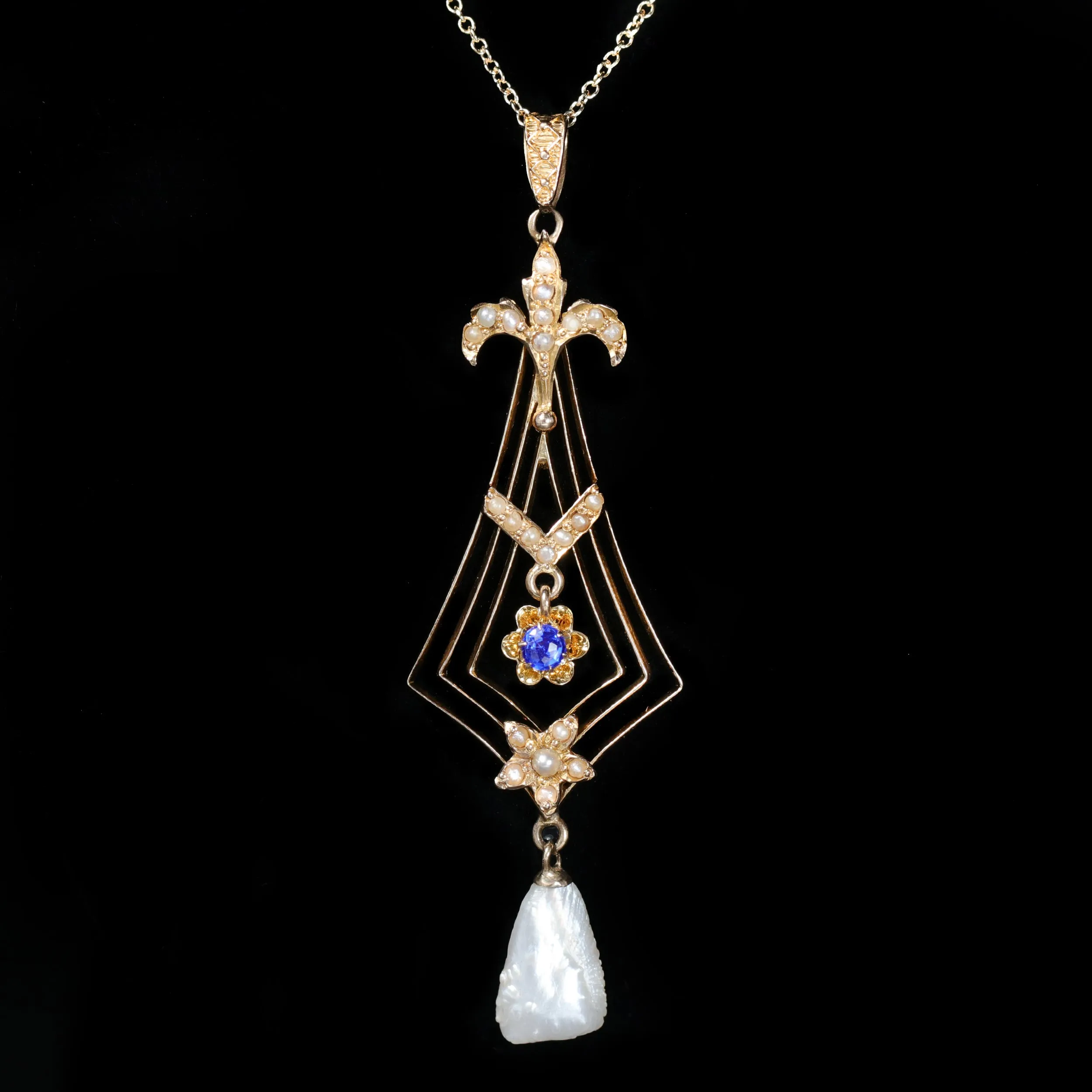 Victorian Synthetic Sapphire and Pearl Lavalier Pendant