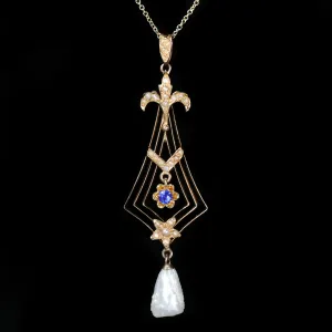 Victorian Synthetic Sapphire and Pearl Lavalier Pendant