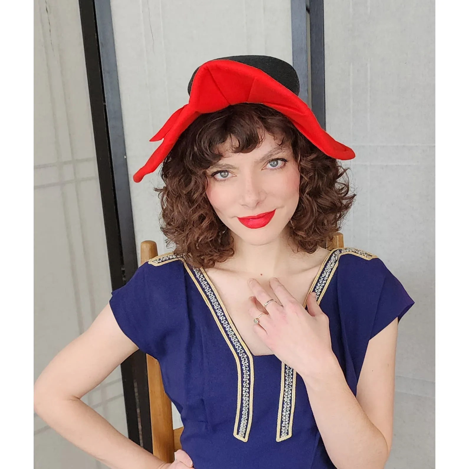 Vintage 40s Wide Brimmed Hat Red Navy Blue Asymmetrical Modernist