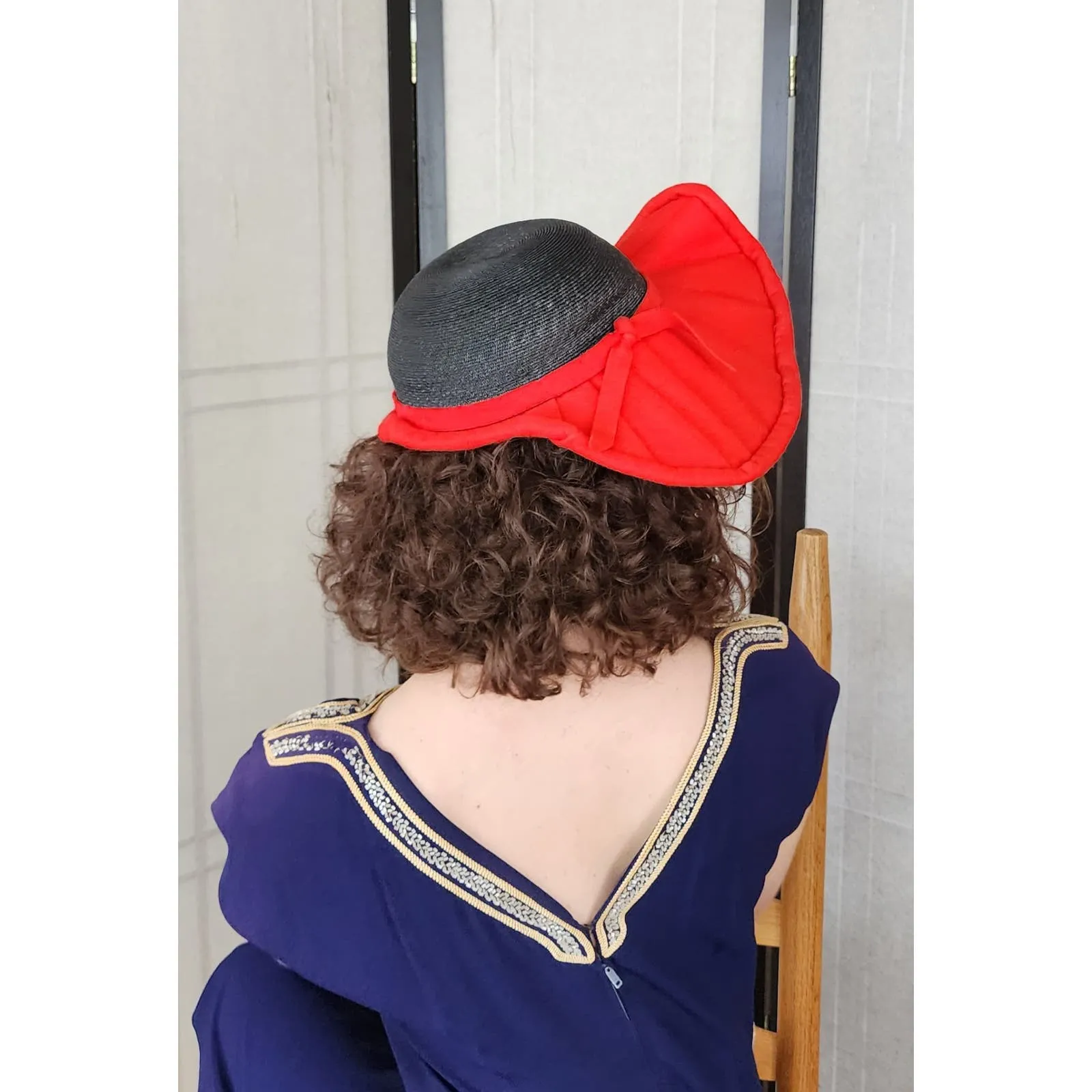 Vintage 40s Wide Brimmed Hat Red Navy Blue Asymmetrical Modernist