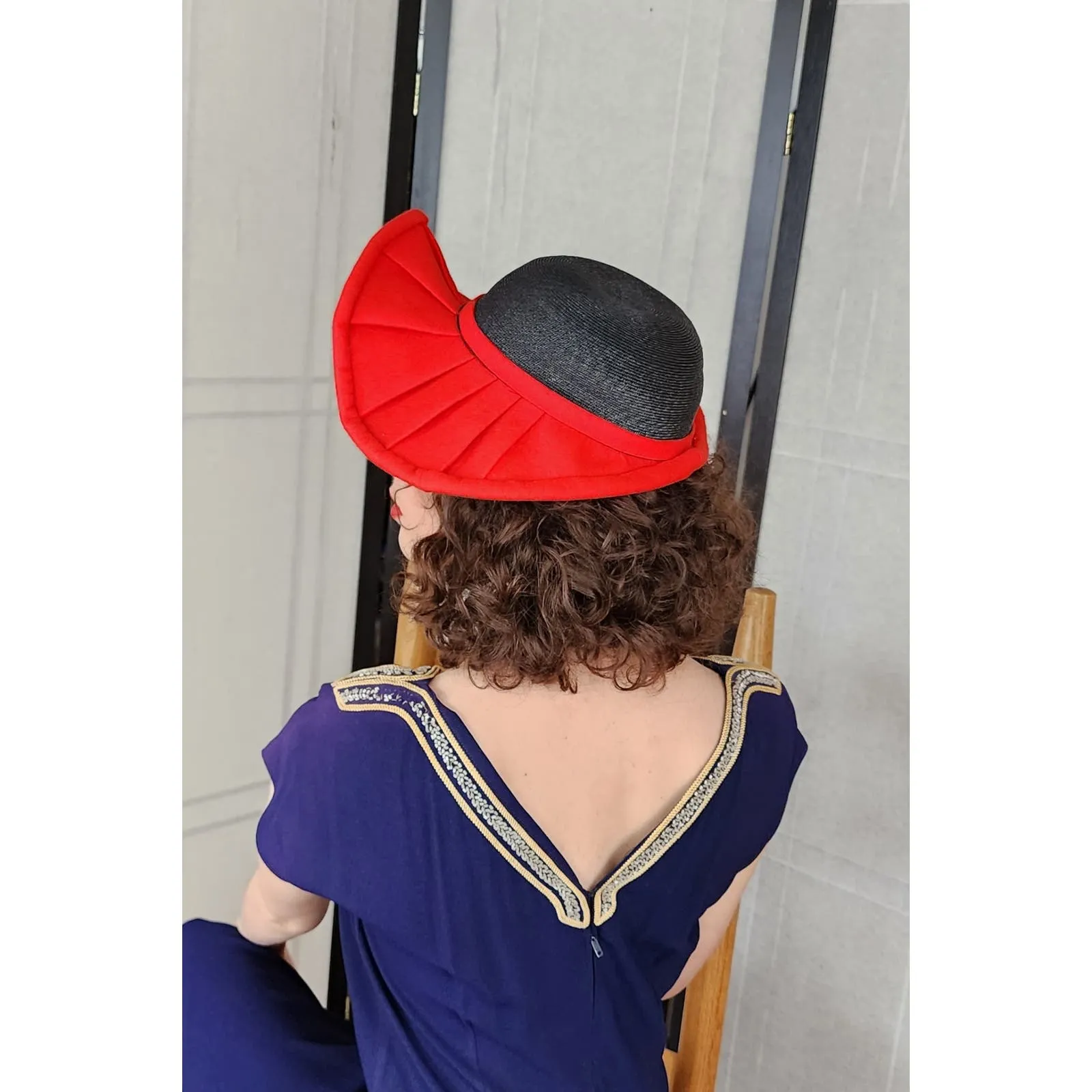 Vintage 40s Wide Brimmed Hat Red Navy Blue Asymmetrical Modernist