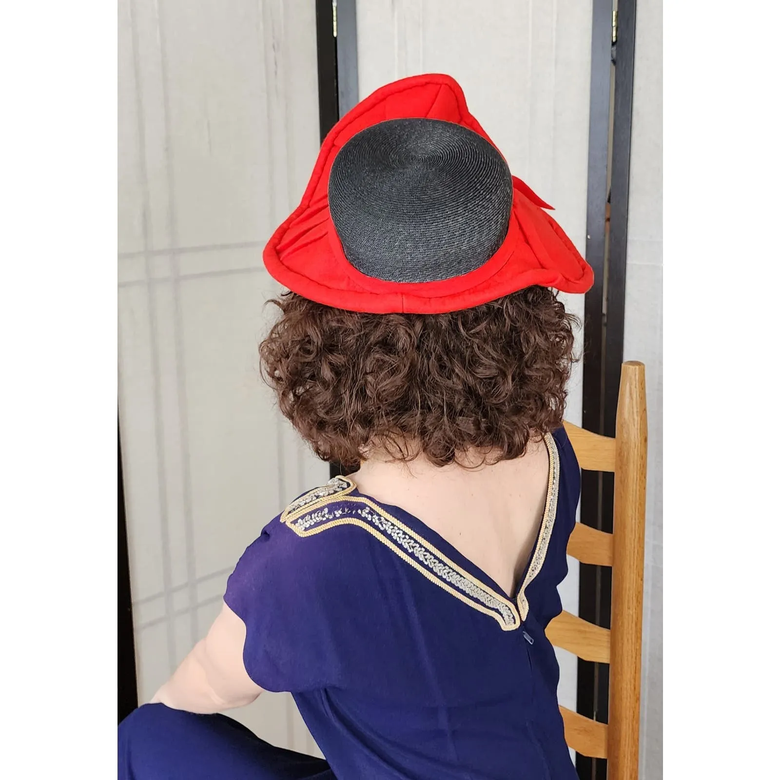 Vintage 40s Wide Brimmed Hat Red Navy Blue Asymmetrical Modernist