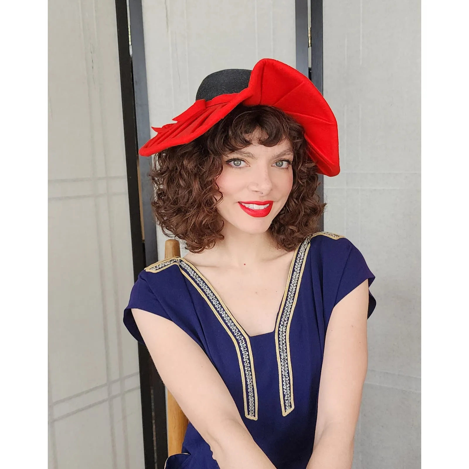 Vintage 40s Wide Brimmed Hat Red Navy Blue Asymmetrical Modernist