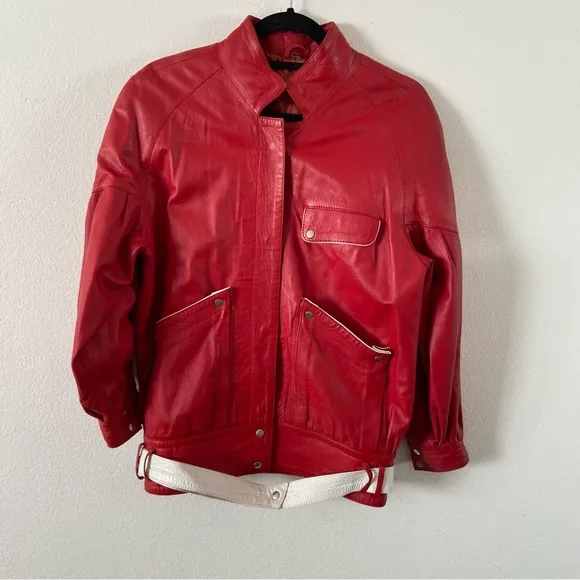 Vintage 80s red leather jacket coat white trim unique 38 medium
