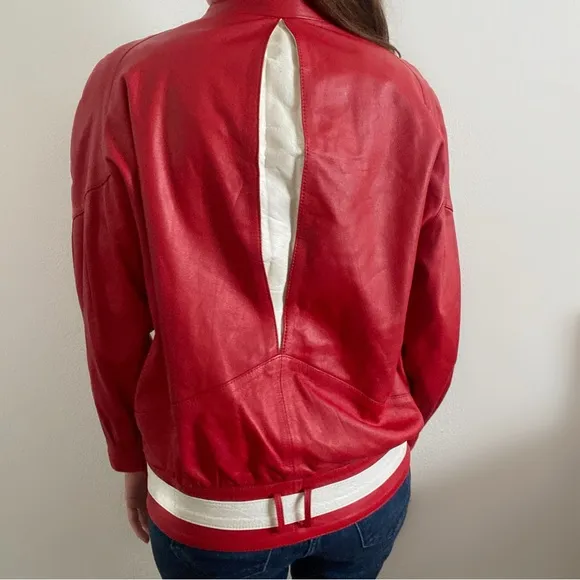 Vintage 80s red leather jacket coat white trim unique 38 medium