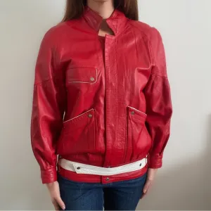 Vintage 80s red leather jacket coat white trim unique 38 medium