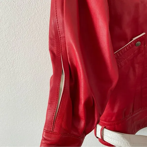 Vintage 80s red leather jacket coat white trim unique 38 medium