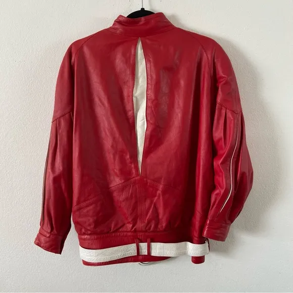 Vintage 80s red leather jacket coat white trim unique 38 medium