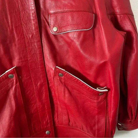 Vintage 80s red leather jacket coat white trim unique 38 medium