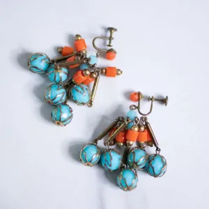 Vintage Bohemian Chic Turquoise and Coral Lucite Dangling Statement Earrings