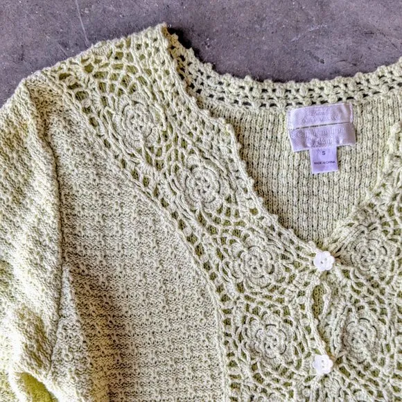 Vintage Christopher &amp; Banks Pastel Green Crochet Knit Cardigan Sweater small