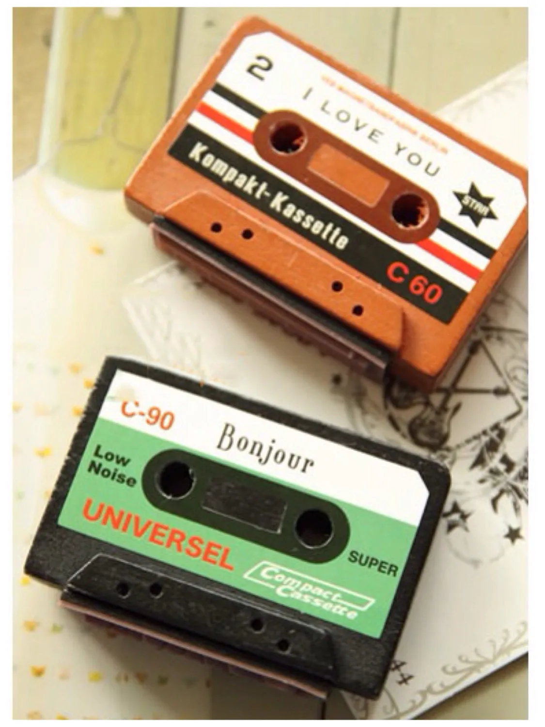Vintage inspired cassettes wood mounted Rubber Stamp
