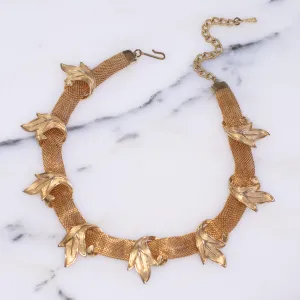 Vintage Judy Lee Gold Mesh Necklace with Leaf Design