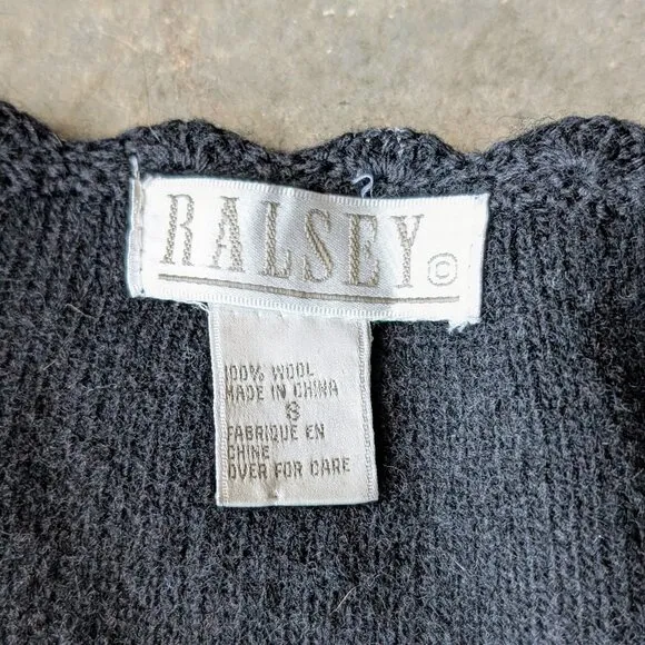 Vintage Ralsey Black Red Floral Wool V-Neck Button Front Cardigan Sweater small