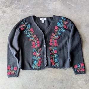 Vintage Ralsey Black Red Floral Wool V-Neck Button Front Cardigan Sweater small