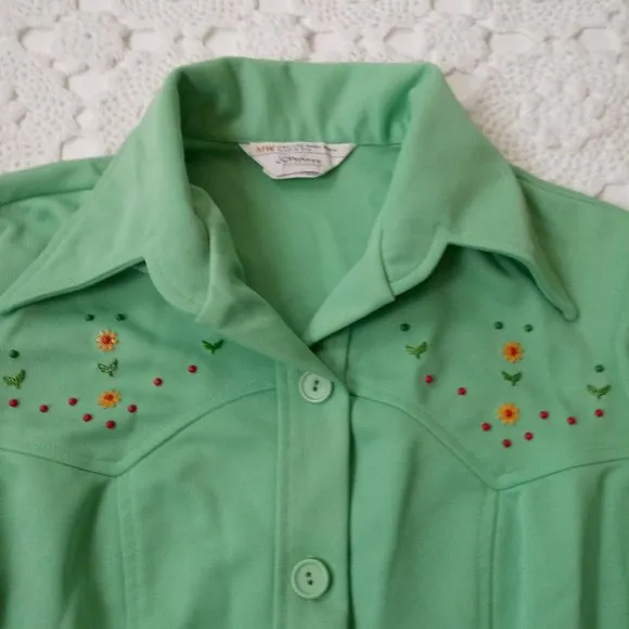 Vtg 70s JCPenney Jacket Shacket Green Western Beaded Floral Stitch Large Women