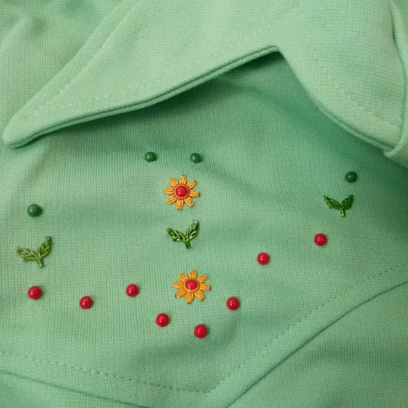 Vtg 70s JCPenney Jacket Shacket Green Western Beaded Floral Stitch Large Women