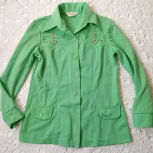 Vtg 70s JCPenney Jacket Shacket Green Western Beaded Floral Stitch Large Women