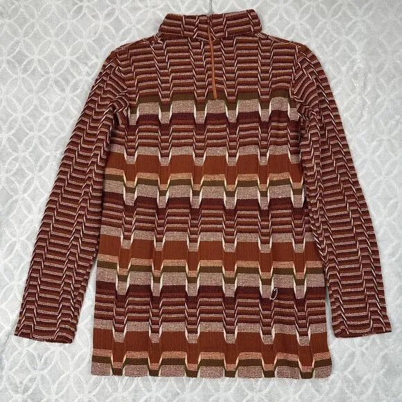 Vtg 70s Knit Turtleneck Sweater Womens S/M Orange Funky Hippie Textured Groovy