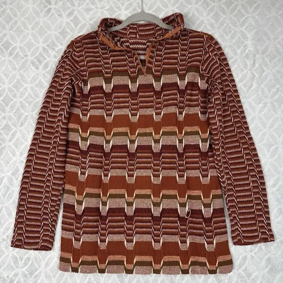 Vtg 70s Knit Turtleneck Sweater Womens S/M Orange Funky Hippie Textured Groovy